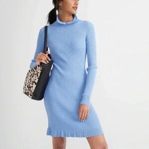 NWT J. Crew Supersculpt Ruffleneck Mini Sweater Dress, Size XS, Blue